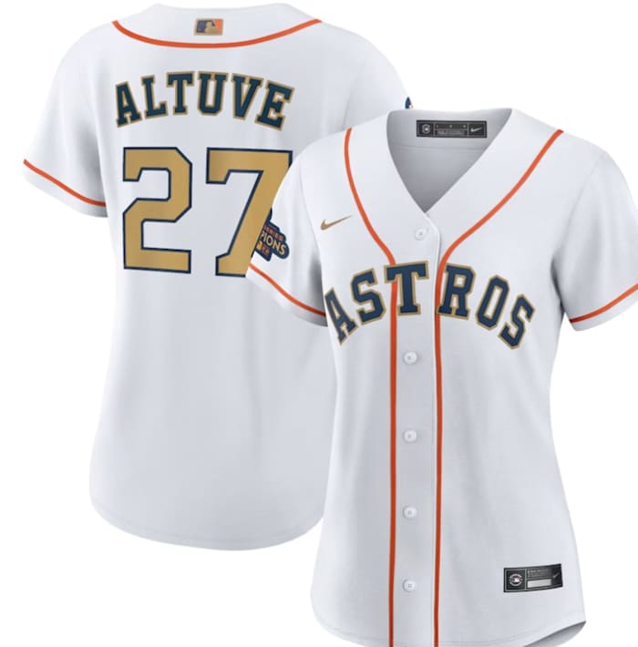 Women's Houston Astros Jose Altuve Nike White/Gold 2023 Gold Collection Replica Player Jersey - $149.99